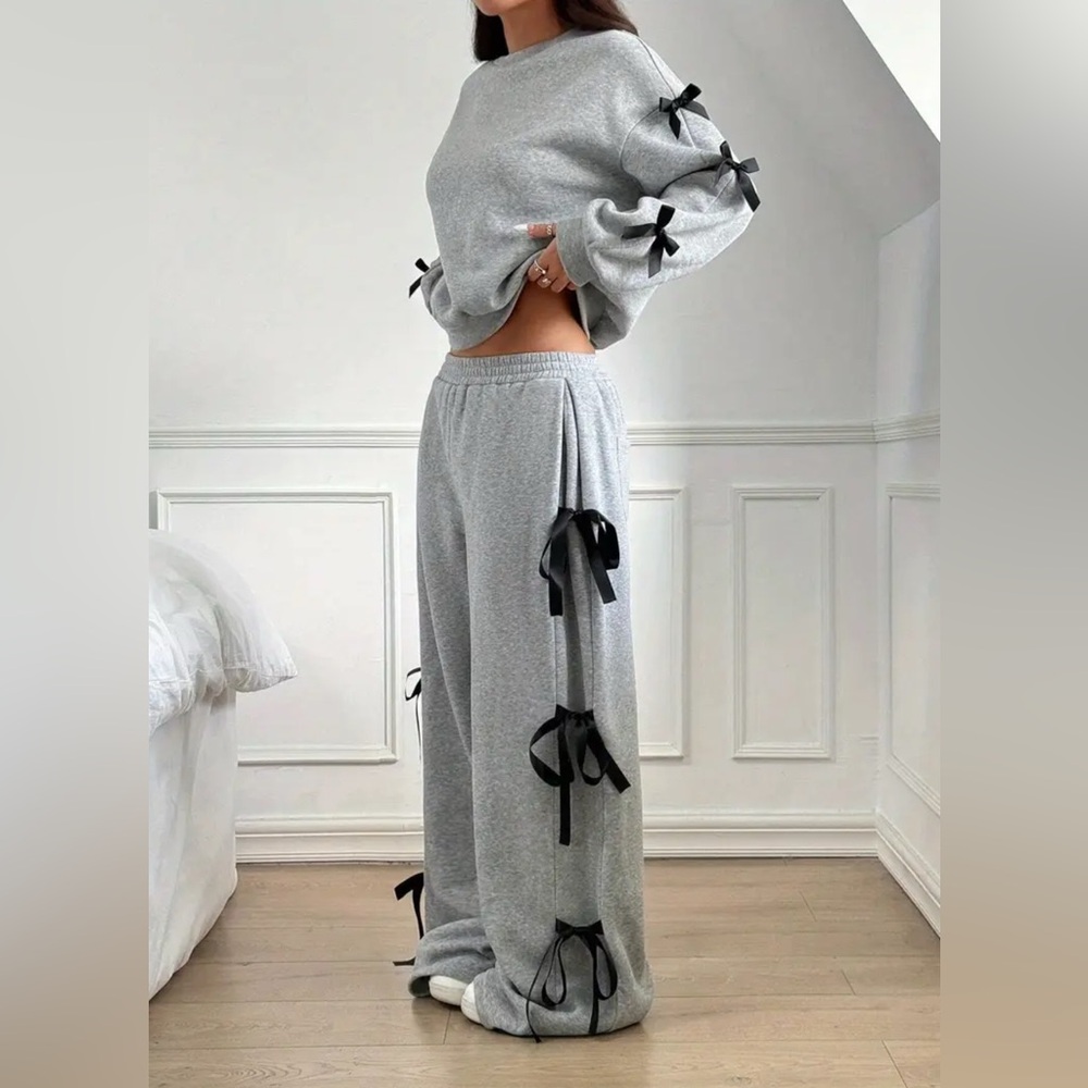 Women's Gray Crewneck Sweater with Black Bow Trim